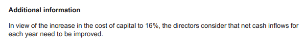 Additional information
In view of the increase in the cost of capital to 16%, the directors consider that net cash inflows for
each year need to be improved.