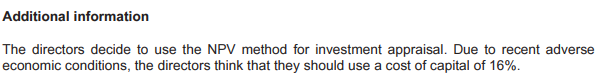 Additional information
The directors decide to use the NPV method for investment appraisal. Due to recent adverse
economic conditions, the directors think that they should use a cost of capital of 16%.