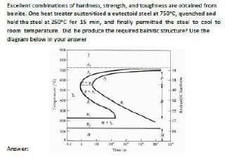 Excellent combinations of hardness, streneth, and toughness are obtained from
bainite. One heat treater austenitized a eutectoid steel at 750°C, quenched and
haid the steal at 250°C for 15 min, and finaly permitted the staal to cool to
room temperature. Did he produce the required bainitic structure? Use the
diegram below in your answer
Answer:
Tie
ReckvellChndre
