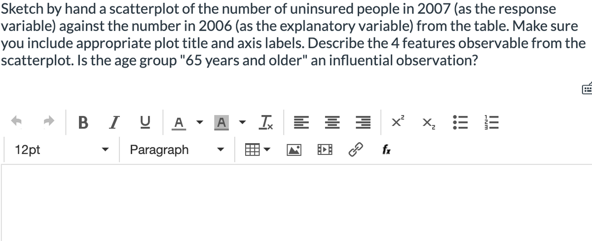 Sketch by hand a scatterplot of the number of uninsured people in 2007 (as the response
variable) against the number in 2006 (as the explanatory variable) from the table. Make sure
you include appropriate plot title and axis labels. Describe the 4 features observable from the
scatterplot. Is the age group "65 years and older" an influential observation?
B I UA
를 Ξ
x x, = E
A
12pt
Paragraph
EDE P
fx
