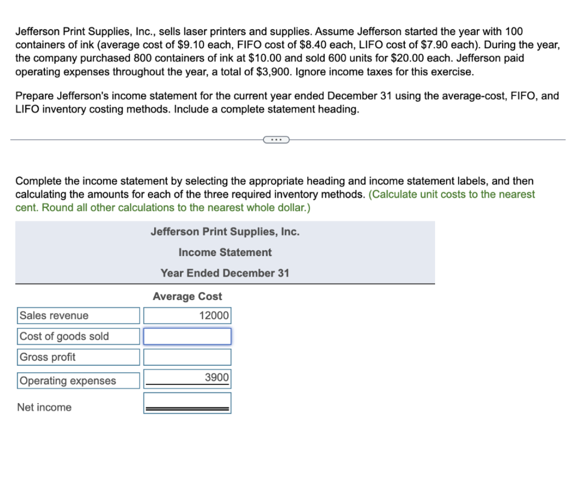 Jefferson Print Supplies, Inc., sells laser printers and supplies. Assume Jefferson started the year with 100
containers of ink (average cost of $9.10 each, FIFO cost of $8.40 each, LIFO cost of $7.90 each). During the year,
the company purchased 800 containers of ink at $10.00 and sold 600 units for $20.00 each. Jefferson paid
operating expenses throughout the year, a total of $3,900. Ignore income taxes for this exercise.
Prepare Jefferson's income statement for the current year ended December 31 using the average-cost, FIFO, and
LIFO inventory costing methods. Include a complete statement heading.
Complete the income statement by selecting the appropriate heading and income statement labels, and then
calculating the amounts for each of the three required inventory methods. (Calculate unit costs to the nearest
cent. Round all other calculations to the nearest whole dollar.)
Sales revenue
Cost of goods sold
Gross profit
Operating expenses
Net income
Jefferson Print Supplies, Inc.
Income Statement
Year Ended December 31
Average Cost
12000
3900