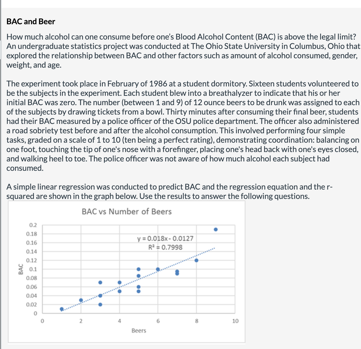 BAC and Beer
How much alcohol can one consume before one's Blood Alcohol Content (BAC) is above the legal limit?
An undergraduate statistics project was conducted at The Ohio State University in Columbus, Ohio that
explored the relationship between BAC and other factors such as amount of alcohol consumed, gender,
weight, and age.
The experiment took place in February of 1986 at a student dormitory. Sixteen students volunteered to
be the subjects in the experiment. Each student blew into a breathalyzer to indicate that his or her
initial BAC was zero. The number (between 1 and 9) of 12 ounce beers to be drunk was assigned to each
of the subjects by drawing tickets from a bowl. Thirty minutes after consuming their final beer, students
had their BAC measured by a police officer of the OSU police department. The officer also administered
a road sobriety test before and after the alcohol consumption. This involved performing four simple
tasks, graded on a scale of 1 to 10 (ten being a perfect rating), demonstrating coordination: balancing on
one foot, touching the tip of one's nose with a forefinger, placing one's head back with one's eyes closed,
and walking heel to toe. The police officer was not aware of how much alcohol each subject had
consumed.
A simple linear regression was conducted to predict BAC and the regression equation and the r-
squared are shown in the graph below. Use the results to answer the following questions.
BAC vs Number of Beers
0.2
0.18
y = 0.018x- 0.0127
R² = 0.7998
0.16
0.14
0.12
0.1
0.08
0.06
0.04
0.02
8
10
Вeers
ВАC
