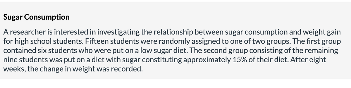 Sugar Consumption
A researcher is interested in investigating the relationship between sugar consumption and weight gain
for high school students. Fifteen students were randomly assigned to one of two groups. The first group
contained six students who were put on a low sugar diet. The second group consisting of the remaining
nine students was put on a diet with sugar constituting approximately 15% of their diet. After eight
weeks, the change in weight was recorded.
