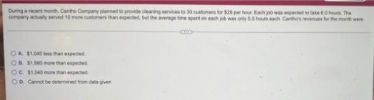 During a recent month, Cantho Company planned to provide cleaning services to 30 customers for $26 per hour. Each job was expected to take 6.0 hours. The
company actually served 10 more customers than expected, but the average time spent on each job was only 5.5 hours each. Cantho's revenues for the month were
OA $1,040 less than expected
OB. $1.560 more than expected
OC. $1.040 more than expected
OD. Cannot be determined from data given