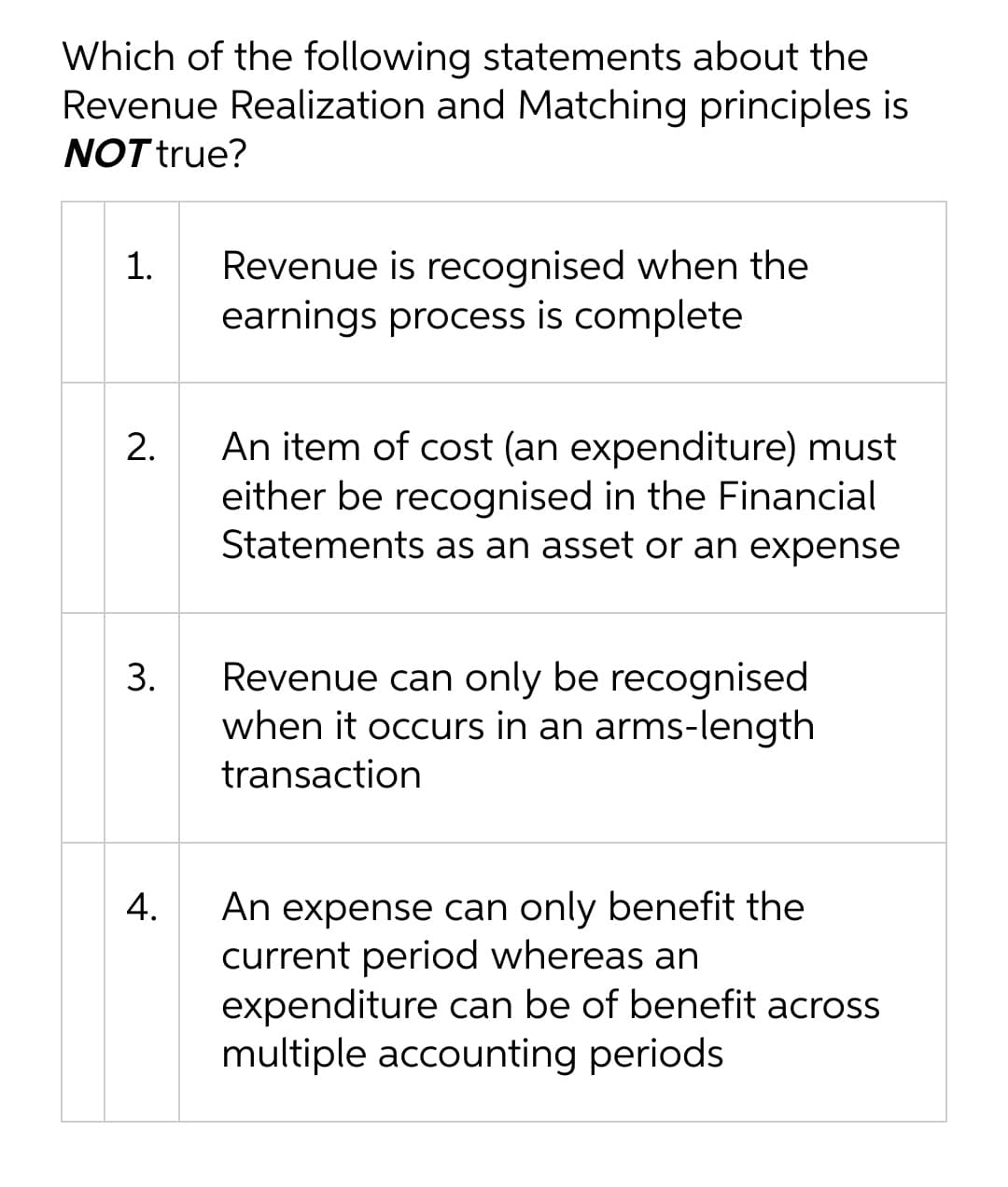 Which of the following statements about the
Revenue Realization and Matching principles is
NOT true?
Revenue is recognised when the
earnings process is complete
1.
An item of cost (an expenditure) must
either be recognised in the Financial
Statements as an asset or an expense
Revenue can only be recognised
when it occurs in an arms-length
3.
transaction
An expense can only benefit the
current period whereas an
expenditure can be of benefit across
multiple accounting periods
2.
4.
