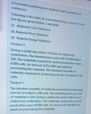 Schematize pertormance analysis and comment on
variances.
Following is the data of a manufacturing concern. From
the figures given below, calculate:
() Materials Cost Variance
(W) Material Price Varlance
(H) Material Usage Variance
Product X
During a particular period 160 tons of output was
undertaken. The standard price per unit of materials is
$20. The materials required for actual production were
4,000 units. An amount of $16,000 was spent on
purchasing the materlals. The standard quantity of
materials requlred for producing one fon of output is 120
units.
Product Y
The standard quantity of materlals required for producing
one ton of output is 240 unils. The standard price per unit
of materials is $24. During a porticular period d40 fons of
production were 24.000 units. An amount of $48.000 was
spent on purchasing the materials
output was undertaken. The materials required for octual
