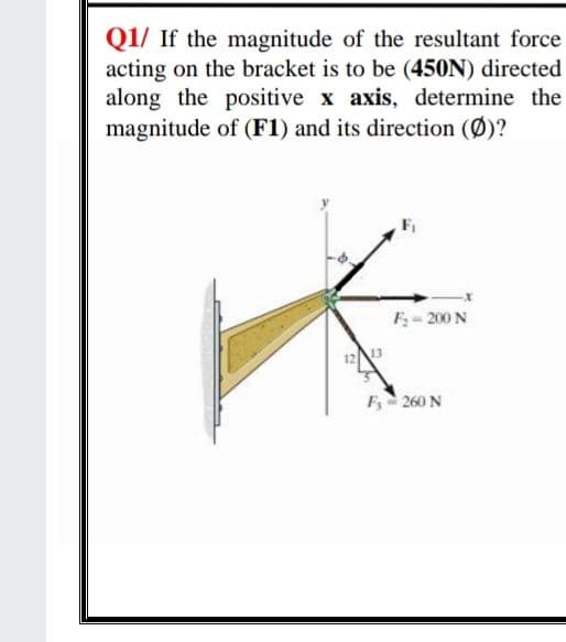 Q1/ If the magnitude of the resultant force
acting on the bracket is to be (450N) directed
along the positive x axis, determine the
magnitude of (F1) and its direction (Ø)?
F;- 200 N
123
F- 260 N
