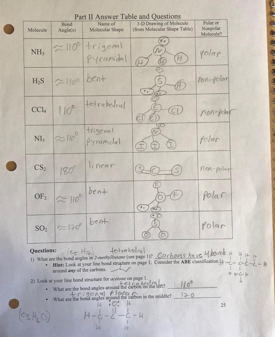 Molecule
NH3
H₂S
CC14
CS₂
OF 2
SO₂
Part II Answer Table and Questions
Name of
3-D Drawing of Molecule
Molecular Shape (from Molecular Shape Table)
NI3110
Bond
Angle(s)
•
110⁰ trigonal
Pyramidal
(C₂H₂O)
1100 bent
110⁰
180⁰
~110⁰
~1200
tetrahedral
trigonal
Pyramidal
linear
bent
bent
2) Look at your line bond structure for acetone on page 1.
HIC14
H-C
(H)
What are the bond angles around the carbon on the left?
trigonal Plana
What are the bond angles around the carbon in the middle?
:O: H
4
11
-C
QO (S)
Questions:
Ha
tetrahedral
1) What are the bond angles in 2-methylbutane (see page 1)? Carbons have 4 bonds
tetrahedral
E-U-+
H
1
HA
什什什
Hint: Look at your line bond structure on page 1. Consider the ABE classification -- C-Ć -C - H
around any of the carbons.
HAC-H
-C-H
Polar or
Nonpolar
Molecule?
polar
1110⁰
120
non-polar
non-polar
Polar
non-polart
Polar
Polar
25