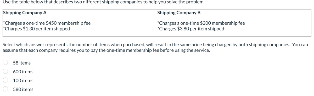 Use the table below that describes two different shipping companies to help you solve the problem.
Shipping Company A
Shipping Company B
*Charges a one-time $450 membership fee
*Charges a one-time $200 membership fee
*Charges $3.80 per item shipped
*Charges $1.30 per item shipped
Select which answer represents the number of items when purchased, will result in the same price being charged by both shipping companies. You can
assume that each company requires you to pay the one-time membership fee before using the service.
0 0 0 0
58 items
600 items
100 items
580 items