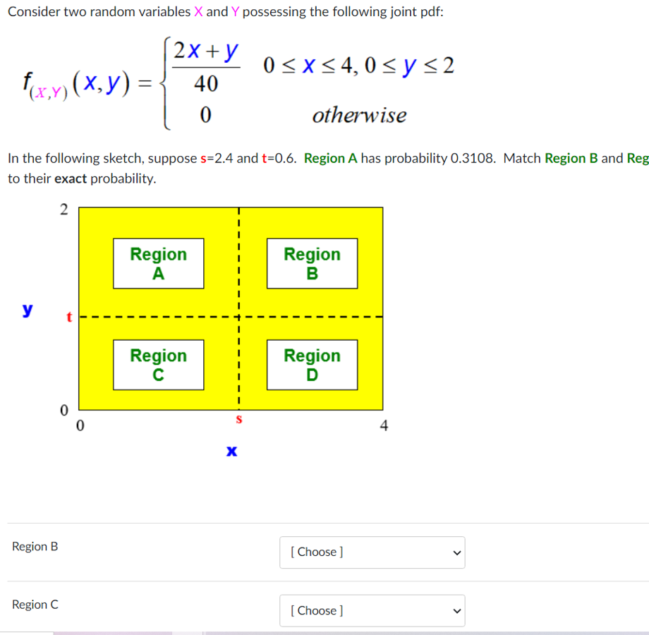 Consider two random variables X and Y possessing the following joint pdf:
2x + y
0<x< 4, 0< y<2
fxy) (X,y) =
40
otherwise
In the following sketch, suppose s=2.4 and t=0.6. Region A has probability 0.3108. Match Region B and Reg
to their exact probability.
2
Region
A
Region
B
У
Region
C
Region
4
Region B
[ Choose]
Region C
[ Choose]
>
>
t.
