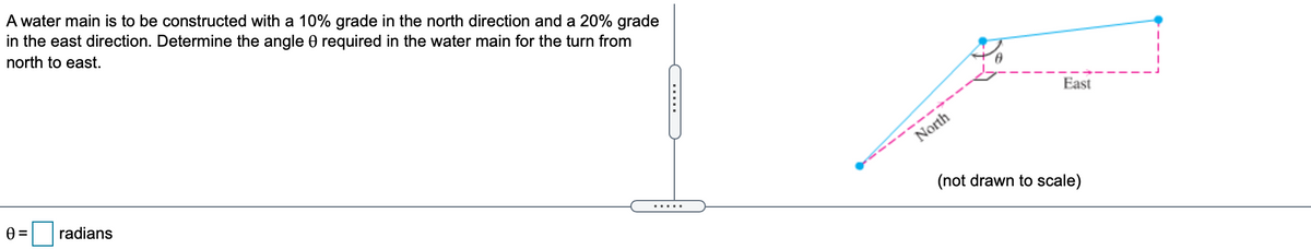 A water main is to be constructed with a 10% grade in the north direction and a 20% grade
in the east direction. Determine the angle 0 required in the water main for the turn from
north to east.
East
- ---
North
radians
(not drawn to scale)
