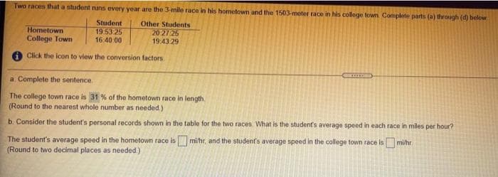 Two races that a student runs every year are the 3-mile race in his hometown and the 1503-meter race in his college town Complete parts (a) through (d) below
Student
19 53:25
16:40:00
Other Students
Hometown
College Town
20 27:25
19:43:29
A Click the icon to view the conversion factors.
a Complete the sentence
The college town race is 31 % of the hometown race in length.
(Round to the nearest whole number as needed)
b. Consider the student's personal records shown in the table for the two races What is the student's average speed in each race in miles per hour?
The student's average speed in the hometown race is mi/hr, and the student's average speed in the college town race is mi/hr.
(Round to two decimal places as needed.)
