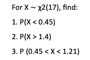 For X~ x2(17), find:
1. P(X < 0.45)
2. P(X> 1.4)
3. P (0.45 < X < 1.21)