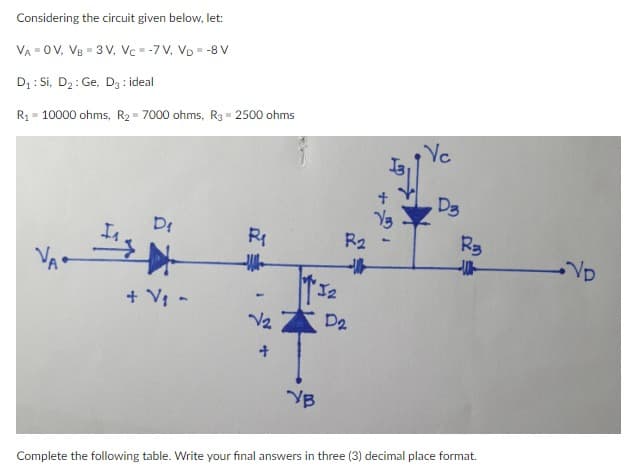 Considering the circuit given below, let:
VA - OV, Vs - 3 V, Vc- -7 V, VD = -8 V
D1: Si, D2: Ge, D3 : ideal
R = 10000 ohms, R2 = 7000 ohms, R3 = 2500 ohms
Ye
D3
Dr
R1
R2
R3
VD
+ V -
V2
D2
YB
Complete the following table. Write your final answers in three (3) decimal place format.
