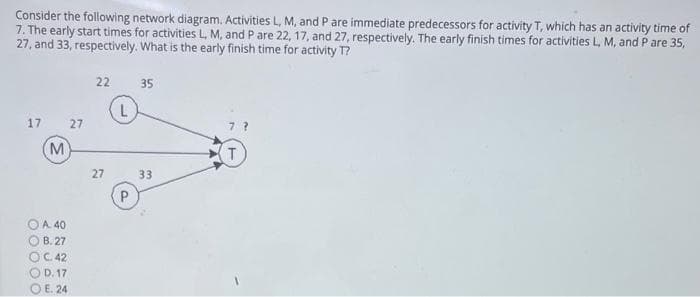 Consider the following network diagram. Activities L, M, and P are immediate predecessors for activity T, which has an activity time of
7. The early start times for activities L, M, and P are 22, 17, and 27, respectively. The early finish times for activities L, M, and P are 35,
27, and 33, respectively. What is the early finish time for activity T?
17 27
M
OO
A. 40
B. 27
C. 42
D. 17
OE. 24
22 35
27
L
33
T