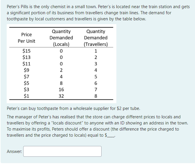 Peter's Pills is the only chemist in a small town. Peter's is located near the train station and gets
a significant portion of its business from travellers change train lines. The demand for
toothpaste by local customers and travellers is given by the table below.
Quantity
Demanded
Quantity
Price
Demanded
Per Unit
(Locals)
(Travellers)
$15
$13
2
$11
$9
$7
3
2
4
4
5
$5
$3
$1
8
6
16
7
32
8
Peter's can buy toothpaste from a wholesale supplier for $2 per tube.
The manager of Peter's has realised that the store can charge different prices to locals and
travellers by offering a "locals discount" to anyone with an ID showing an address in the town.
To maximise its profits, Peters should offer a discount (the difference the price charged to
travellers and the price charged to locals) equal to $_.
Answer:
