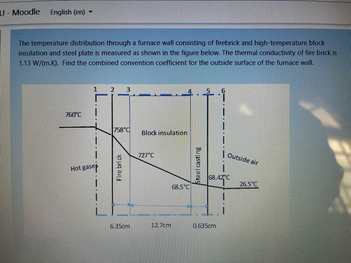 U- Moodle
English (en)
The temperature distribution through a furnace wall consisting of firebrick and high-temperature block
insulation and steel plate is measured as shown in the figure below. The thermal conductivity of fire brick is
1.13 W/(m.K). Find the combined convention coefficient for the outside surface of the furnace wall.
3
5
9.
760°C
758°C
Block insulation
727°C
|Outside air
Hot gase
daseā
68.42°C
26.5°C
68.5°C
6.35cm
12.7cm
0.635cm
Fire bri ck
Steel casti ng
