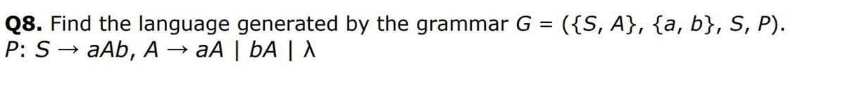 Q8. Find the language generated by the grammar G = ({S, A}, {a, b}, S, P).
P: S→ aAb, A → aA | bA | X