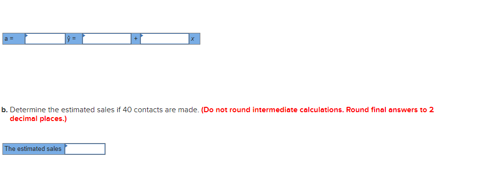 a =
ý =
b. Determine the estimated sales if 40 contacts are made. (Do not round intermediate calculations. Round final answers to 2
decimal places.)
The estimated sales
