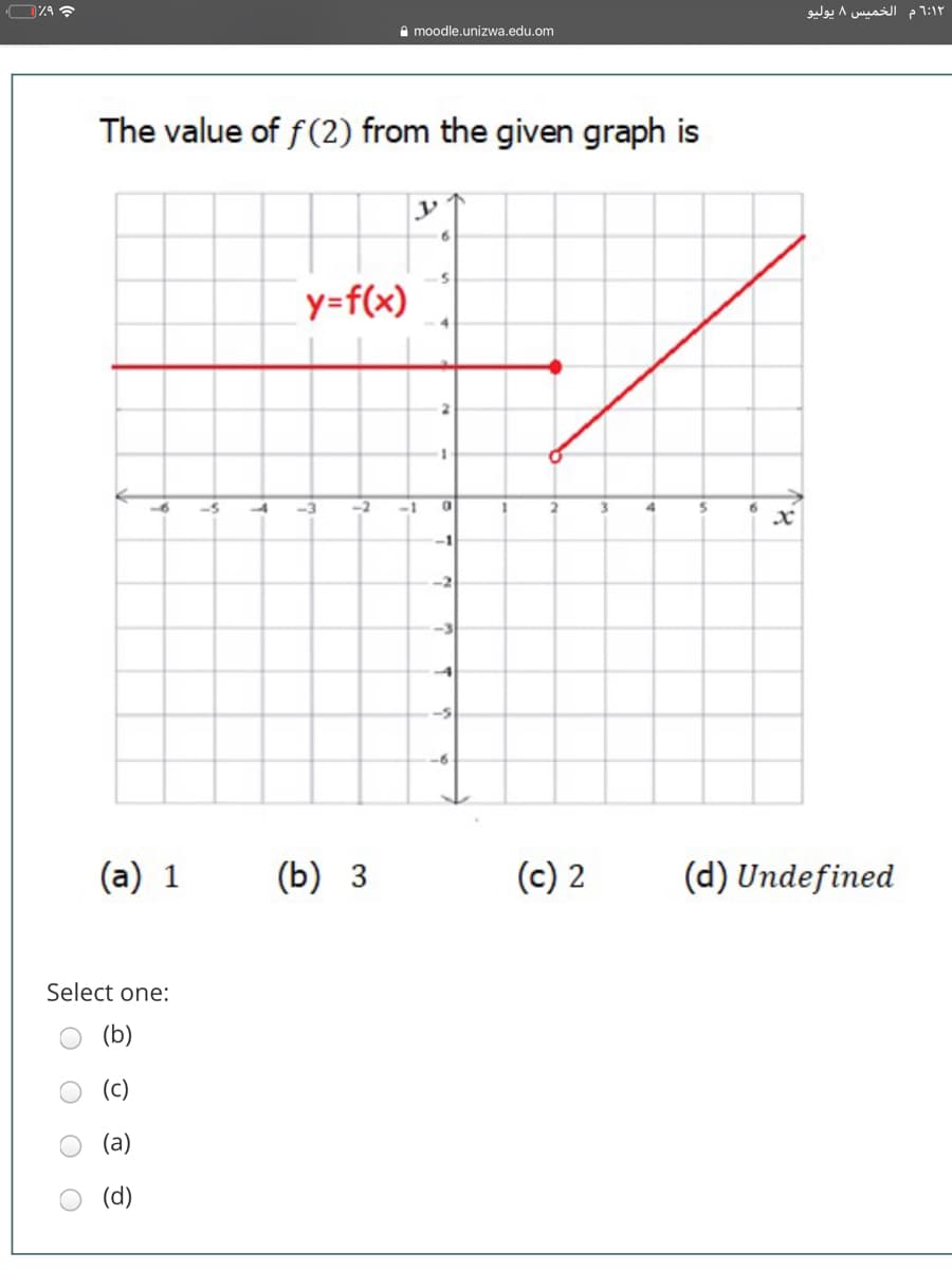 1:1۲م الخميس 8 يوليو
I moodle.unizwa.edu.om
The value of f(2) from the given graph is
y=f(x)
-6
-5
-3
-2
-1
3.
-1
-2
-3
-5
(a) 1
(b) 3
(c) 2
(d) Undefined
Select one:
(b)
(c)
(a)
(d)
O
