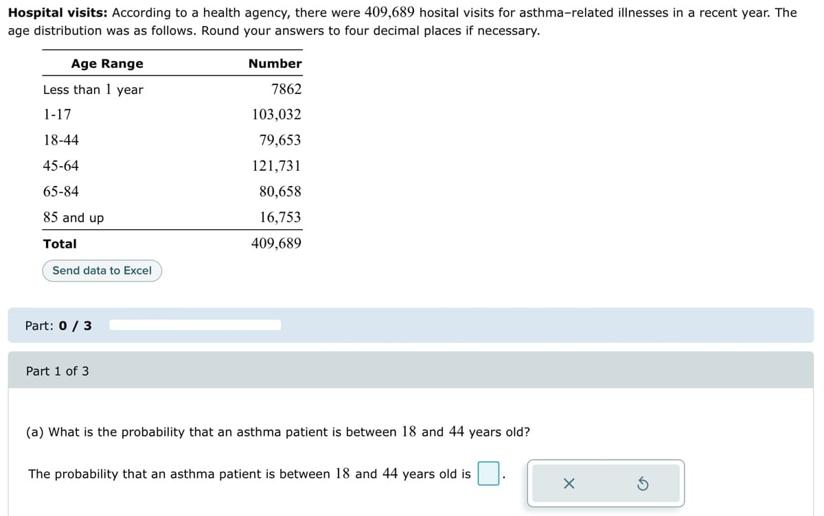 Hospital visits: According to a health agency, there were 409,689 hosital visits for asthma-related illnesses in a recent year. The
age distribution was as follows. Round your answers to four decimal places if necessary.
Age Range
Less than 1 year
1-17
18-44
45-64
65-84
85 and up
Total
Send data to Excel
Part: 0 / 3
Part 1 of 3
Number
7862
103,032
79,653
121,731
80,658
16,753
409,689
(a) What is the probability that an asthma patient is between 18 and 44 years old?
The probability that an asthma patient is between 18 and 44 years old is
X