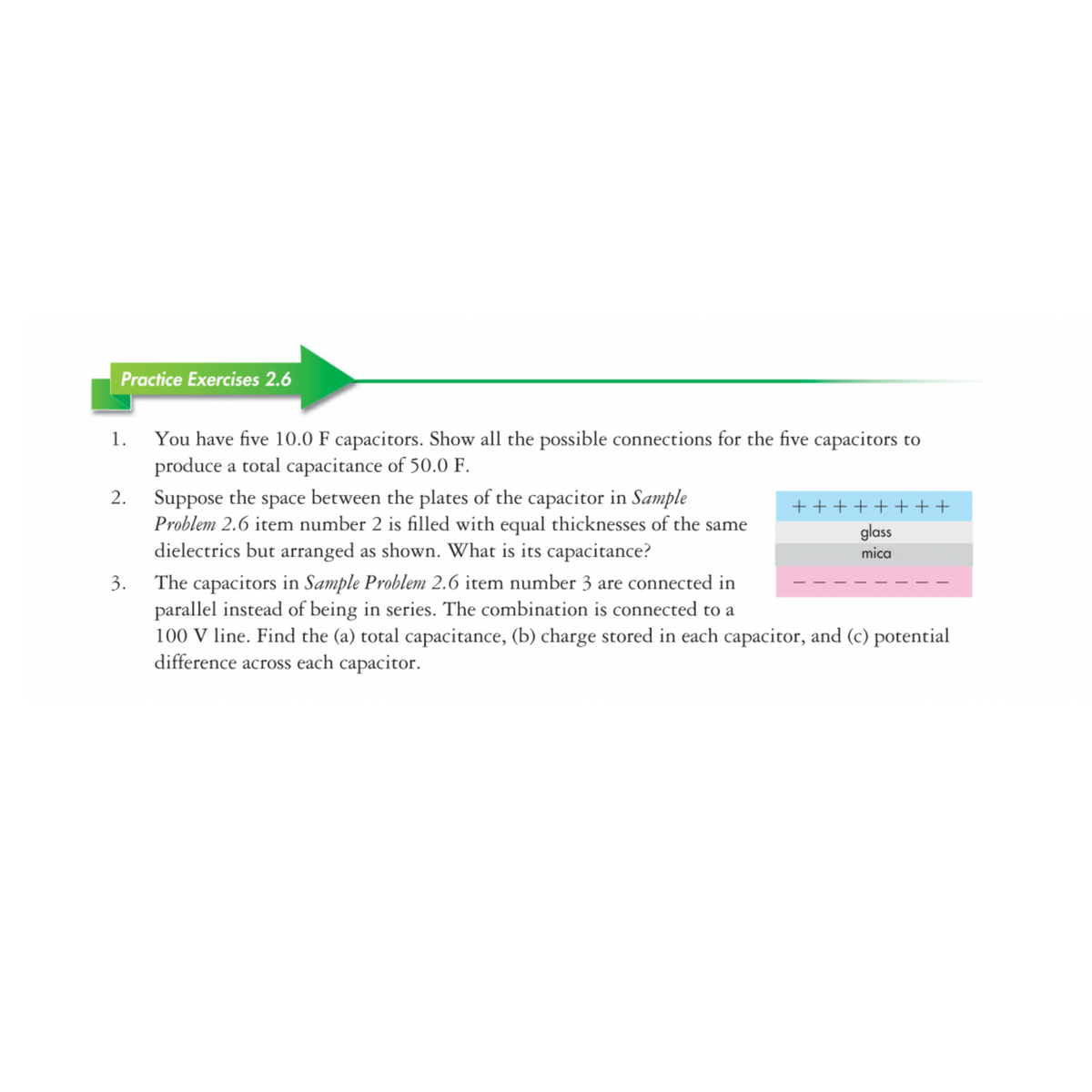 Practice Exercises 2.6
1. You have five 10.0 F capacitors. Show all the possible connections for the five capacitors to
produce a total capacitance of 50.0 F.
Suppose the space between the plates of the capacitor in Sample
Problem 2.6 item number 2 is filled with equal thicknesses of the same
dielectrics but arranged as shown. What is its capacitance?
2.
++++++++
glass
mica
3. The capacitors in Sample Problem 2.6 item number 3 are connected in
parallel instead of being in series. The combination is connected to a
100 V line. Find the (a) total capacitance, (b) charge stored in each capacitor, and (c) potential
difference across each capacitor.
