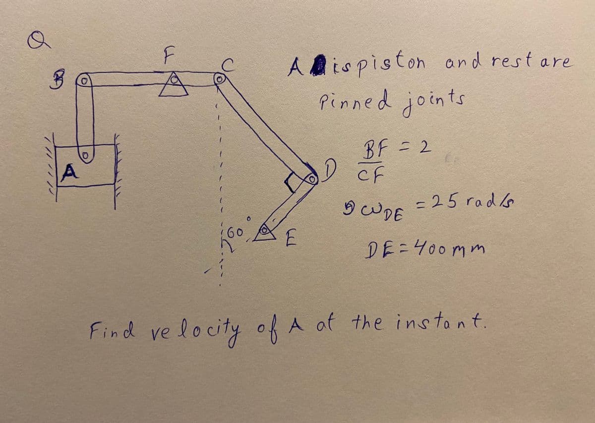 Aispiston and rest are
Pinned joints
BF
=D2
BWDE =25 rad o
60
DE=400mm
Find ve locity of A of the instont
