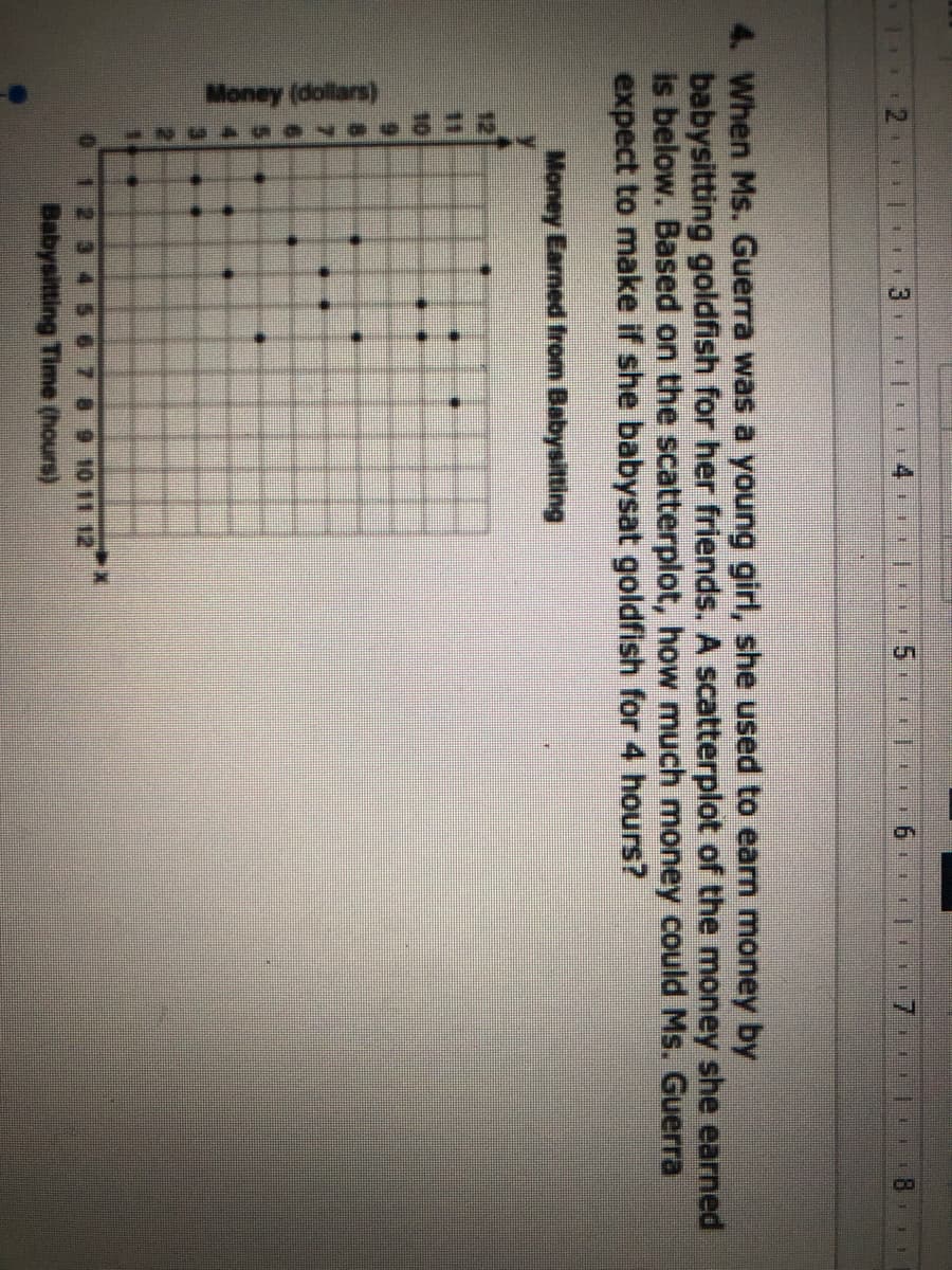 Money (dollars)
主
11
4. When Ms. Guerra was a young girl, she used to earn money by
babysitting goldfish for her friends. A scatterplot of the money she earned
is below. Based on the scatterplot, how much money could Ms. Guerra
expect to make if she babysat goldfish for 4 hours?
Money Earned from Babysitting
12
11
10
12
89 10 11 12
Babysitting Time (hours)
