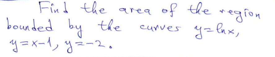 Find the
bounded by the
y=x-1, y=-2.
of the region
y= lax,
area
curves
