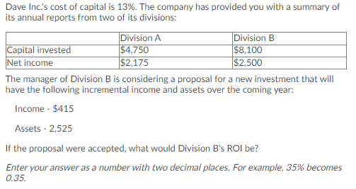 Dave Inc.'s cost of capital is 13%. The company has provided you with a summary of
its annual reports from two of its divisions:
Capital invested
Net income
Division A
$4,750
$2,175
Division B
$8,100
$2,500
The manager of Division B is considering a proposal for a new investment that will
have the following incremental income and assets over the coming year:
Income - $415
Assets - 2,525
If the proposal were accepted, what would Division B's ROI be?
Enter your answer as a number with two decimal places. For example, 35% becomes
0.35.