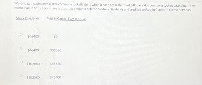 Waterway, Inc. declares a 10% common stock dividend when it has 46400 shares of $10 par value common stock outstanding. If the
market value of $22 per share is used, the amounts debited to Stock Dividends and credited to Paid-in Capital in Excess of Par are:
Paid-in Capital Excess of Par
Stock Dividends
$46400
$46400
$102080
$102080
$55680
$55680
$46400