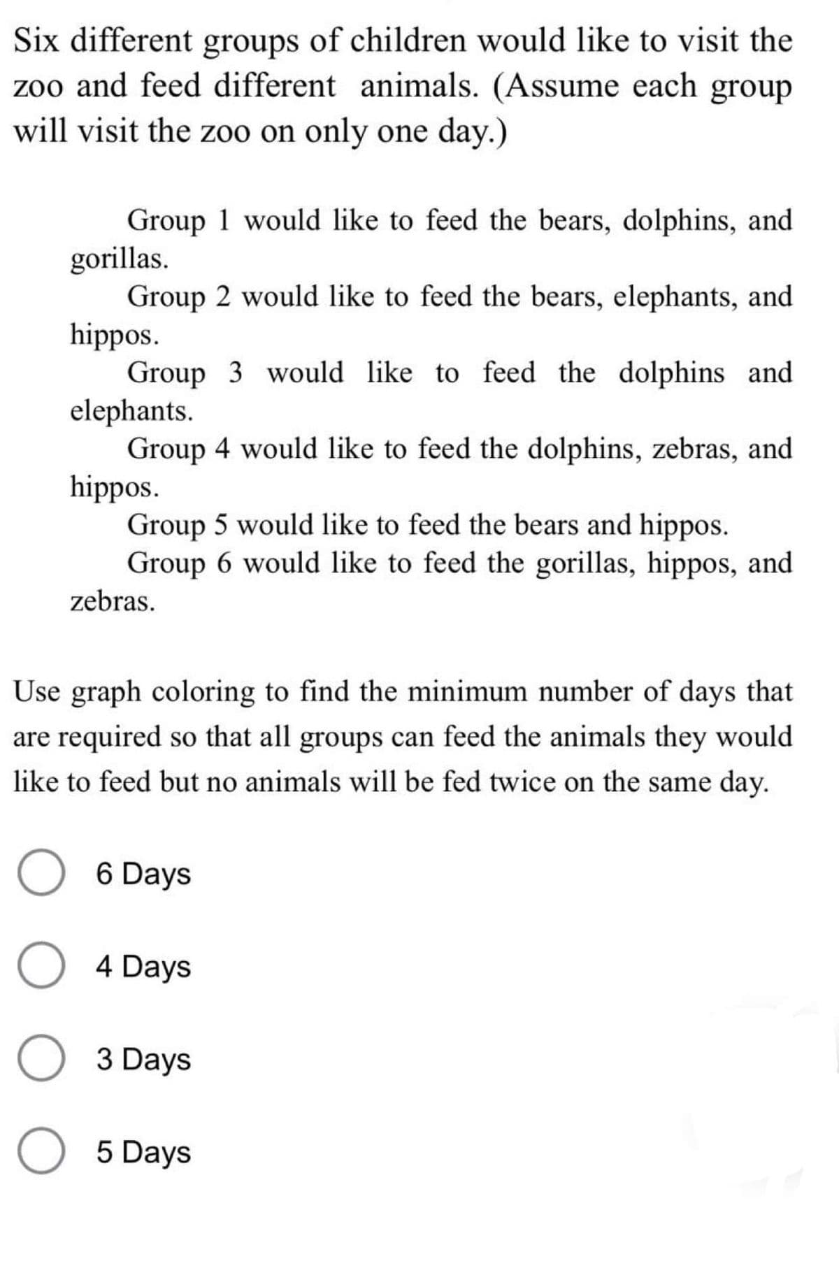 Six different groups of children would like to visit the
zoo and feed different animals. (Assume each group
will visit the zoo on only one day.)
Group 1 would like to feed the bears, dolphins, and
gorillas.
Group 2 would like to feed the bears, elephants, and
hippos.
Group 3 would like to feed the dolphins and
elephants.
Group 4 would like to feed the dolphins, zebras, and
hippos.
Group 5 would like to feed the bears and hippos.
Group 6 would like to feed the gorillas, hippos, and
zebras.
Use graph coloring to find the minimum number of days that
are required so that all groups can feed the animals they would
like to feed but no animals will be fed twice on the same day.
O 6 Days
O 4 Days
O 3 Days
O 5 Days