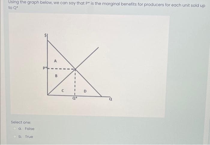 Using the graph below, we can say that P* is the marginal benefits for producers for each unit sold up
to Q*
Select one:
a. False
b. True
A
Qº
D