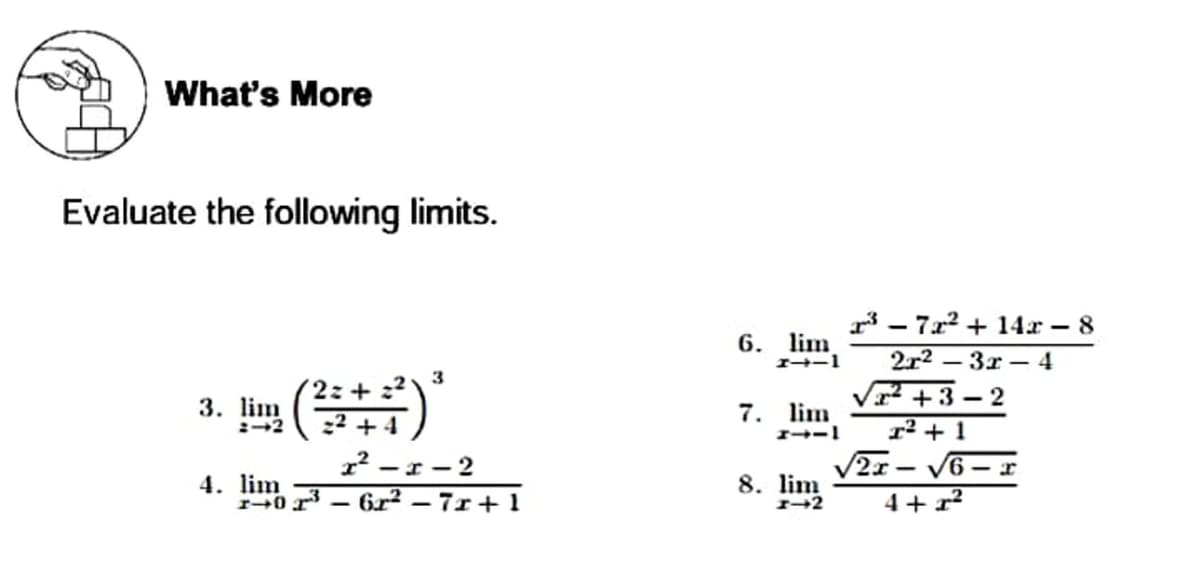 What's More
Evaluate the following limits.
r* – 7x? + 14.r-8
6. lim
1-1
2x2 – 3r – 4
3
V +3 – 2
r² + 1
V2r – V6 – r
3. lim
:→2
7. lim
1? -r- 2
4. lim
0 r – 6r² – 7r+1
8. lim
4+ x²
