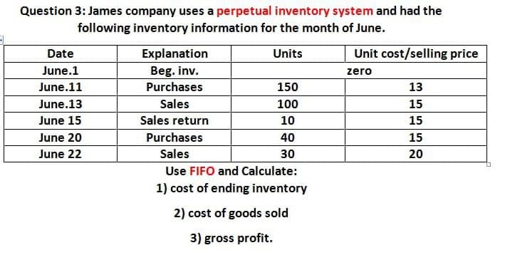 Question 3: James company uses a perpetual inventory system and had the
following inventory information for the month of June.
Units
Date
June.1
June.11
June.13
June 15
June 20
June 22
Explanation
Beg. inv.
Purchases
Sales
Sales return
Purchases
Sales
Use FIFO and Calculate:
1) cost of ending inventory
2) cost of goods sold
3) gross profit.
150
100
10
40
30
Unit cost/selling price
zero
13
15
15
15
20