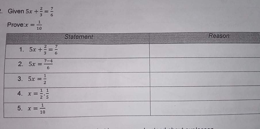 2. Given 5x +
%3D
Prove:x =
10
Statement
Reason
1. 5x +=
3
6.
7-4
2. 5x =
%3D
3. 5x =;
1
2
1 1
4.x=う
5. x =
10
ト」の
