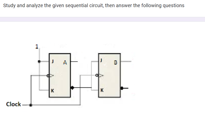 Study and analyze the given sequential circuit, then answer the following questions
Clock
1
J
J
A
B
K
K