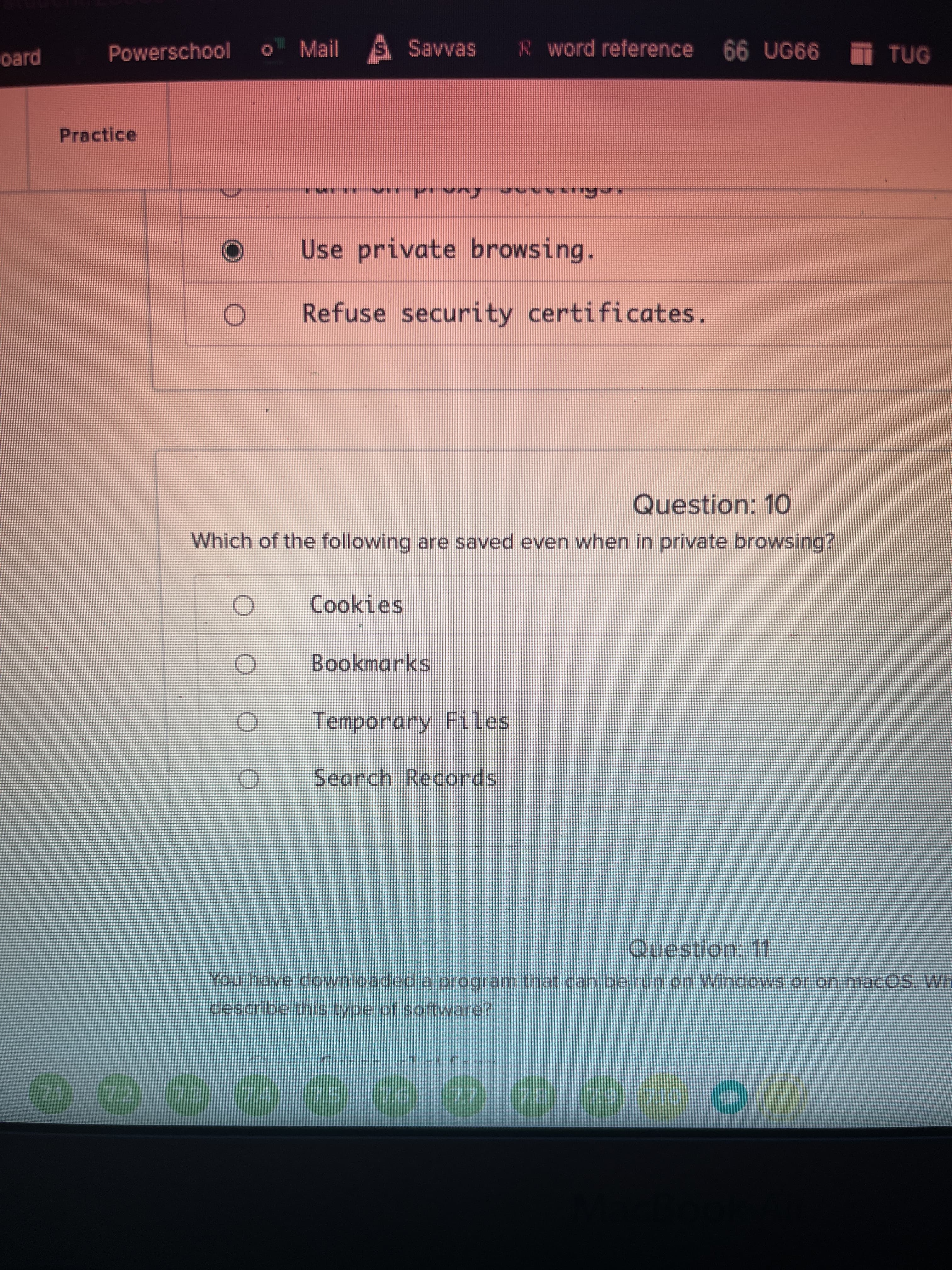 Mail S Savvas
R word reference 66 UG66 TUG
oard
Powerschool
Practice
funıd
Use private browsing.
Refuse security certificates.
Question: 10
Which of the following are saved even when in private browsing?
Cookies
Bookmarks
Temporary Files
Search Records
Question: 11
You have downloaded a program that can be.run on Windows or on macOS. Wh
describe this type of software?
0000 000
