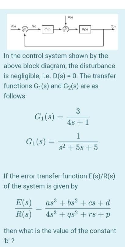 Dis)
Els)
Gn)
In the control system shown by the
above block diagram, the disturbance
is negligible, i.e. D(s) = 0. The transfer
functions G1(s) and G2(s) are as
follows:
3
G1(s)
%3D
4s + 1
1
G1(s)
s2 + 5s + 5
If the error transfer function E(s)/R(s)
of the system is given by
E(s)
R(s)
as3 + bs? + cs + d
4s3 + qs? + rs +p
then what is the value of the constant
"b' ?
