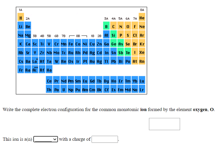 1A
8A
H 2A
3A 4A 5A 6A 7A He
Li Be
BC NO F Ne
Na Mg 38 4B 5B 6B 7B 88 - 1B 2B AI Si P S CI Ar
K Ca sc Ti v Cr Mn Fe Co Ni Cu Zn Ga Ge As Se Br Kr
Rb Sr Y Zr Nb Mo Tc Ru Rh Pd Ag Cd In Sn Sb Te I Xe
Cs Ba La Hf Ta W Re Os Ir Pt Au Hg TI Pb Bi Po At Rn
**
Fr Ra Ac Rf Ha
Ce Pr Nd Pm Sm Eu Gd Tb Dy Ho Er Tm Yb Lu
Th Pa u Np Pu Am Cm Bk Cf Es Fm Md No Lr
Write the complete electron configuration for the common monatomic ion formed by the element oxygen, O.
This ion is a(n)
|with a charge of|
