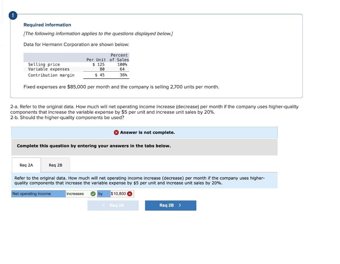 !
Required information
[The following information applies to the questions displayed below.]
Data for Hermann Corporation are shown below:
Selling price
Variable expenses
Contribution margin
Percent
Per Unit of Sales
$ 125
80
$ 45
100%
64
36%
Fixed expenses are $85,000 per month and the company is selling 2,700 units per month.
2-a. Refer to the original data. How much will net operating income increase (decrease) per month if the company uses higher-quality
components that increase the variable expense by $5 per unit and increase unit sales by 20%.
2-b. Should the higher-quality components be used?
Answer is not complete.
Complete this question by entering your answers in the tabs below.
Req 2A
Req 2B
Refer to the original data. How much will net operating income increase (decrease) per month if the company uses higher-
quality components that increase the variable expense by $5 per unit and increase unit sales by 20%.
Net operating income
increases
by
$10,800
< Req 2A
Req 2B >