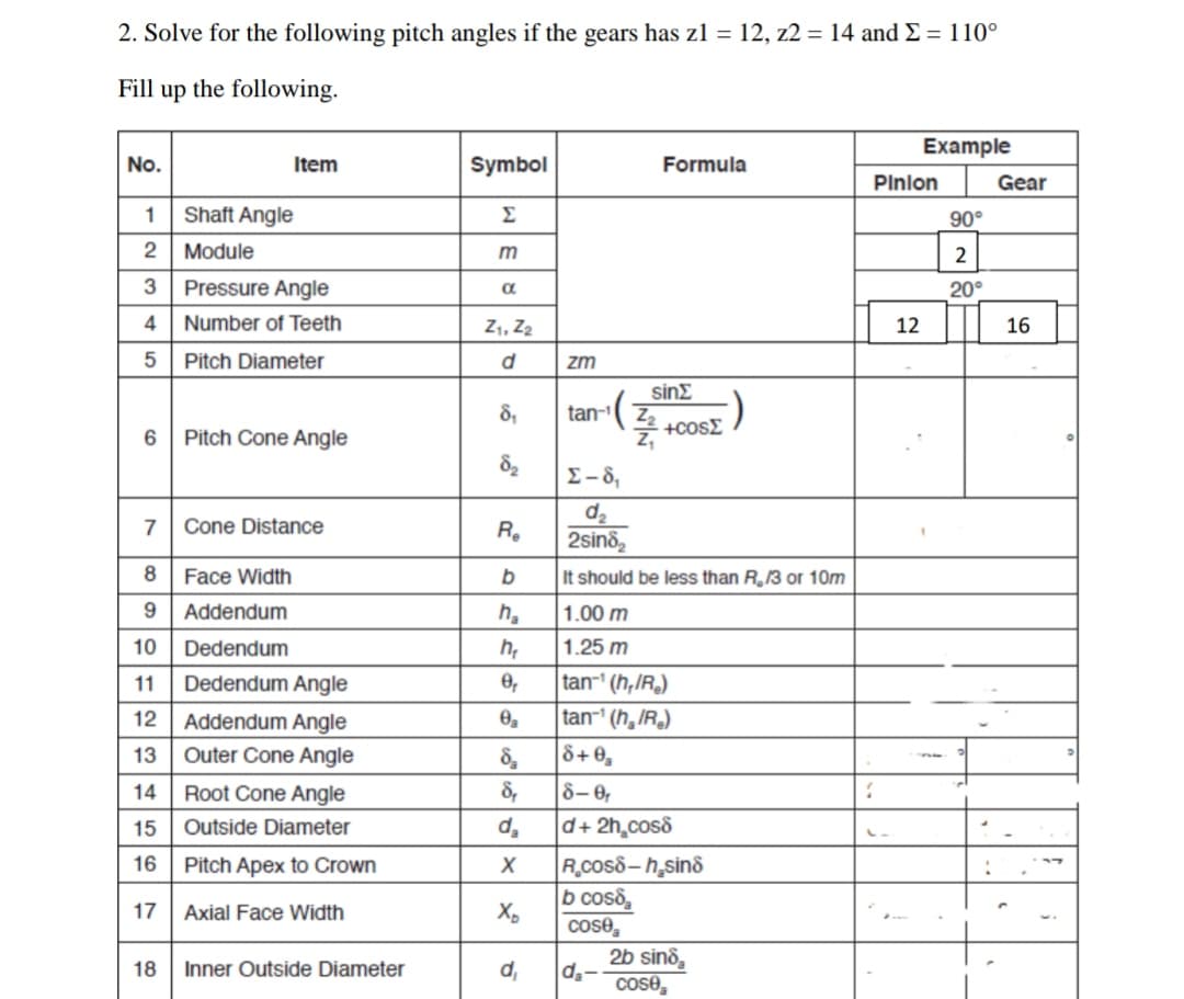 2. Solve for the following pitch angles if the gears has zl = 12, z2 = 14 and E = 110°
Fill up the following.
Example
No.
Item
Symbol
Formula
Plnlon
Gear
1
Shaft Angle
Σ
90°
2
Module
m
2
3
Pressure Angle
20°
4
Number of Teeth
Z1, Z2
12
16
5 Pitch Diameter
zm
sinE
)
8,
tan-
+cosE
Pitch Cone Angle
E-8,
7 Cone Distance
R.
2sind,
8
Face Width
It should be less than R,13 or 10m
9 Addendum
h,
1.00 m
10
Dedendum
h,
1.25 m
11
Dedendum Angle
tan-' (h,IR)
tan-' (h,IR)
8+0,
12
Addendum Angle
13
Outer Cone Angle
14
Root Cone Angle
8-0
15
Outside Diameter
d,
d+ 2h,cos8
|R.Cos8– h,sind
b cos,
cose,
2b sind,
cose,
16
Pitch Apex to Crown
17
Axial Face Width
18 Inner Outside Diameter
d,
co
