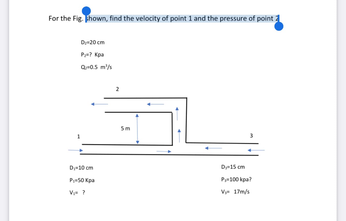 For the Fig. Shown, find the velocity of point 1 and the pressure of point 2
D2=20 cm
Р-? Кра
Q2=0.5 m³/s
2
5 m
1
3
D1=10 cm
D3=15 cm
P1=50 Kpa
P3=100 kpa?
Vi= ?
V3= 17m/s
