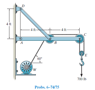 4 ft
4 ft
4 ft-
B.
60°
700 lb
Probs. 6-74/75
