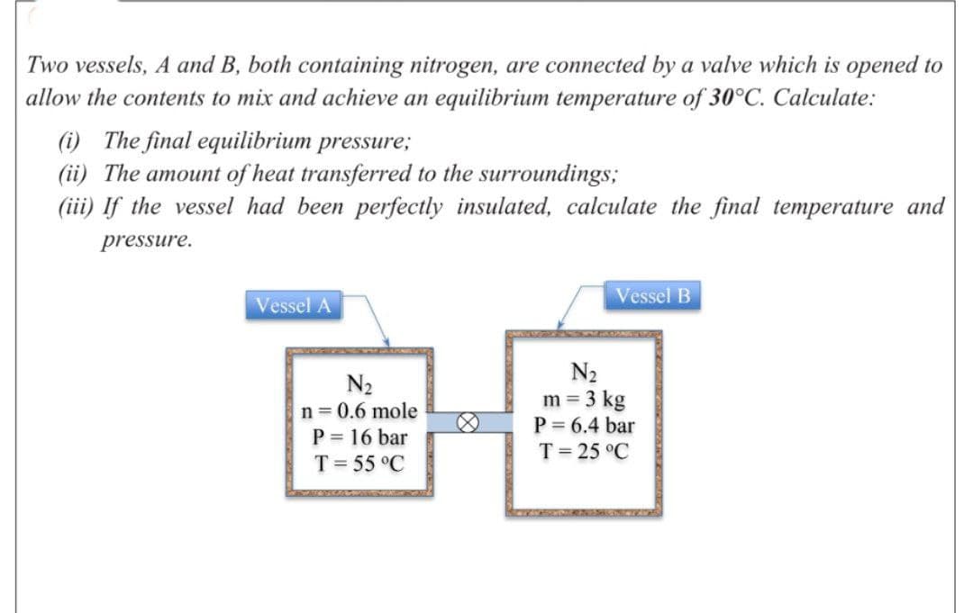 Two vessels, A and B, both containing nitrogen, are connected by a valve which is opened to
allow the contents to mix and achieve an equilibrium temperature of 30°C. Calculate:
(i) The final equilibrium pressure;
(ii) The amount of heat transferred to the surroundings;
(iii) If the vessel had been perfectly insulated, calculate the final temperature and
pressure.
Vessel A
Vessel B
N2
n = 0.6 mole
P = 16 bar
N2
m = 3 kg
P = 6.4 bar
T= 25 °C
T= 55 °C
