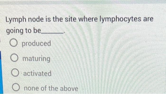 Lymph node is the site where lymphocytes are
going to be
O produced
O maturing
O activated
none of the above