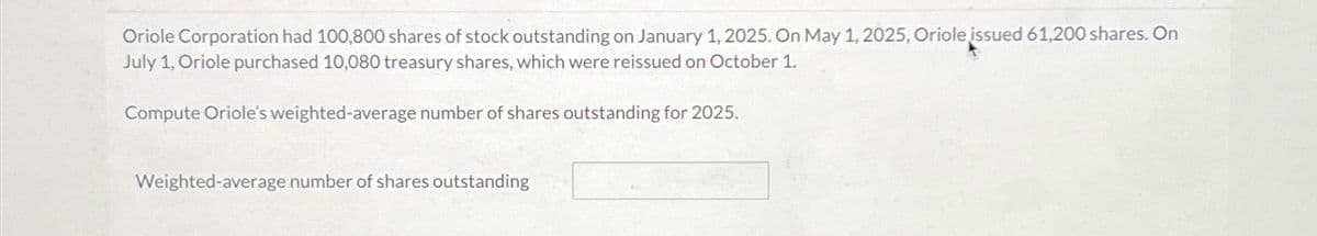 Oriole Corporation had 100,800 shares of stock outstanding on January 1, 2025. On May 1, 2025, Oriole issued 61,200 shares. On
July 1, Oriole purchased 10,080 treasury shares, which were reissued on October 1.
Compute Oriole's weighted-average number of shares outstanding for 2025.
Weighted-average number of shares outstanding