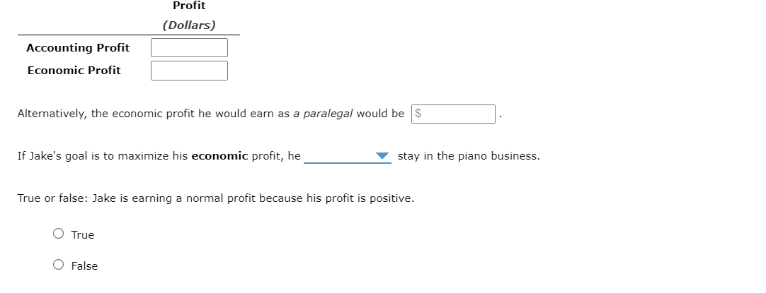 Accounting Profit
Economic Profit
Profit
(Dollars)
Alternatively, the economic profit he would earn as a paralegal would be $
If Jake's goal is to maximize his economic profit, he
stay in the piano business.
True or false: Jake is earning a normal profit because his profit is positive.
True
○ False