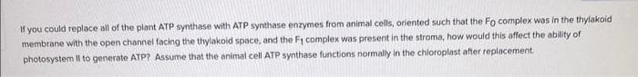 If you could replace all of the plant ATP synthase with ATP synthase enzymes from animal cells, oriented such that the Fo complex was in the thylakoid
membrane with the open channel facing the thylakoid space, and the F1 complex was present in the stroma, how would this affect the ability of
photosystem II to generate ATP? Assume that the animal cell ATP synthase functions normally in the chloroplast after replacement.
