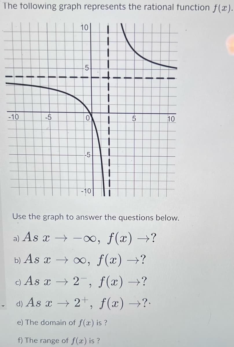 The following graph represents the rational function f(x).
T
-10
+
+
T
-5
1
+
10
Tor
LO
-5.
5
10
Use the graph to answer the questions below.
a) As x →∞, f(x) →?
b) As x →∞, f(x) →?
c) As x → 2-, ƒ(x) →?
d) As x → 2+, f(x) →?.
e) The domain of f(x) is ?
f) The range of f(x) is ?